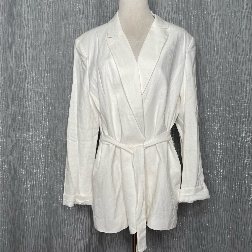 Tie front white linen blazer
